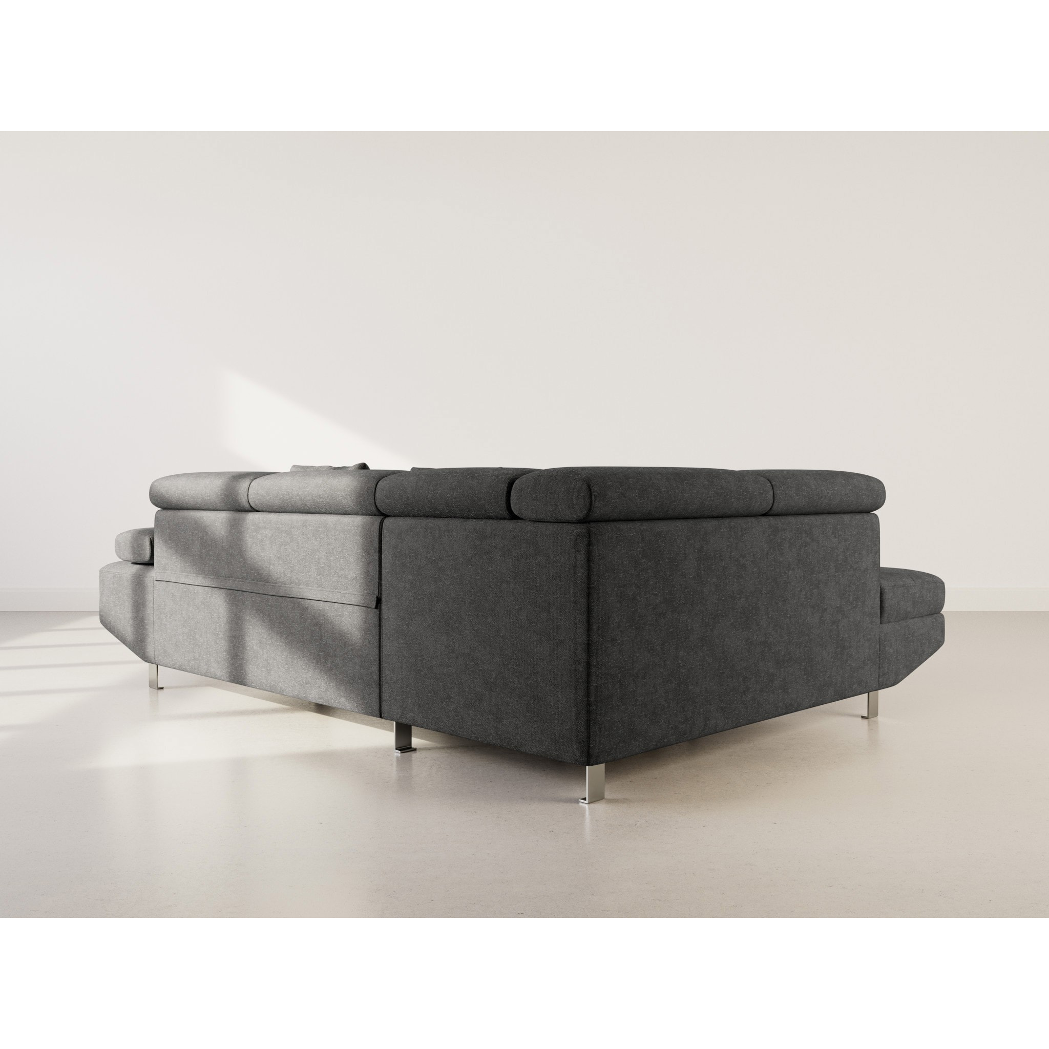 Margaux - Canapé d'angle gauche 5 places convertible avec coffre et têtières réglables en velours texturé - Noir