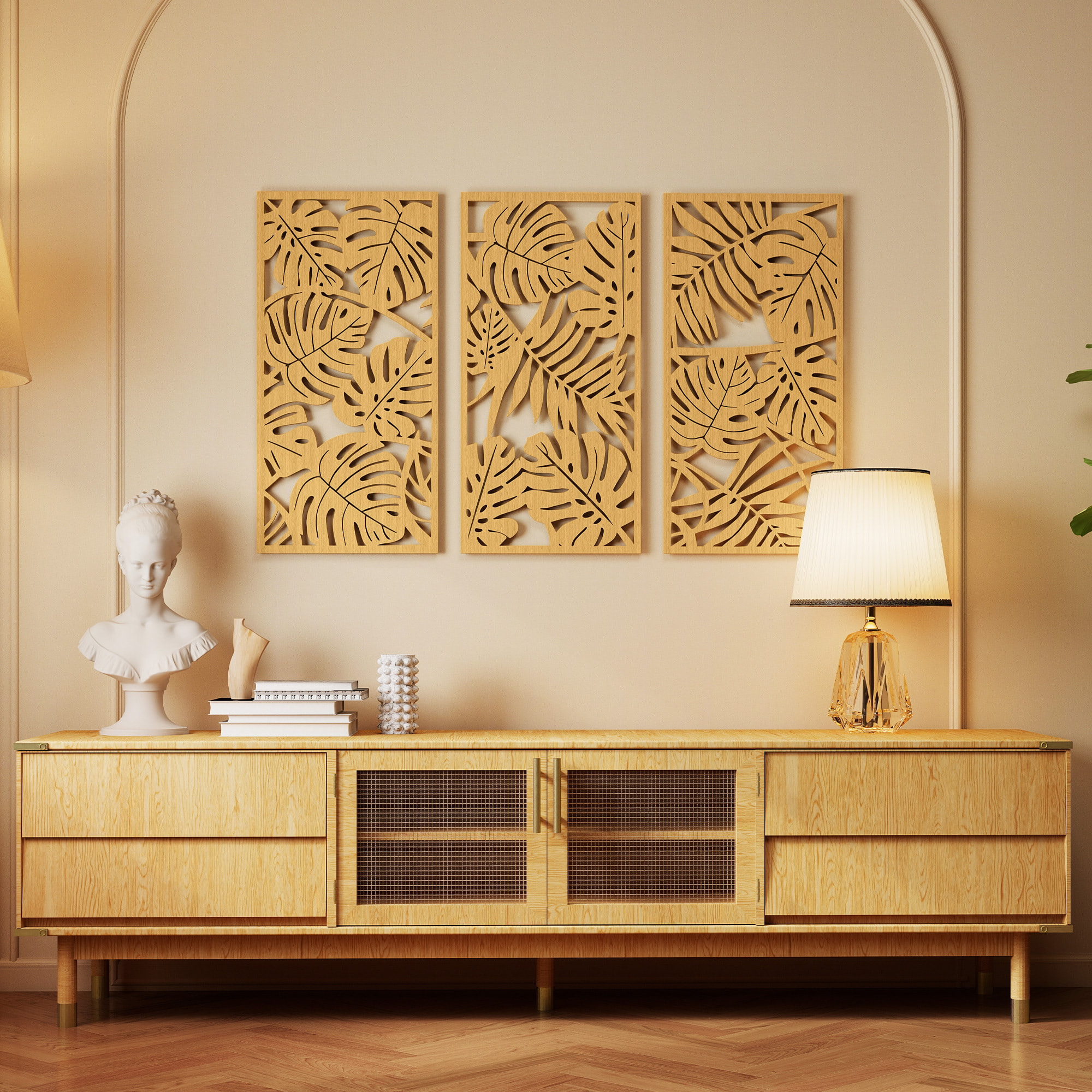 Déco murales feuilles exotiques - tableau triptyque - 40 x 80 cm - effet bois naturel