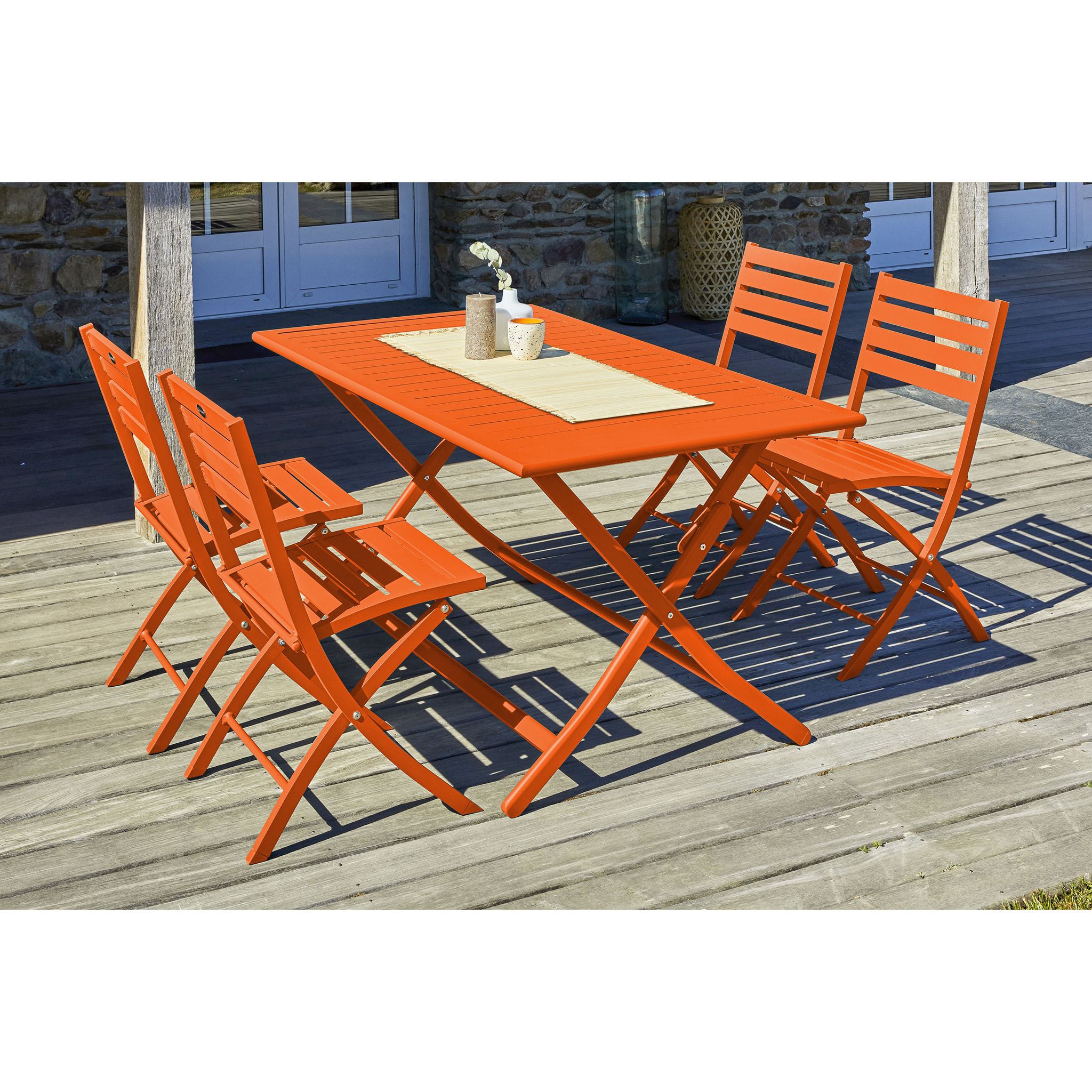 MARIUS - Ensemble repas de jardin 4 places en aluminium orange