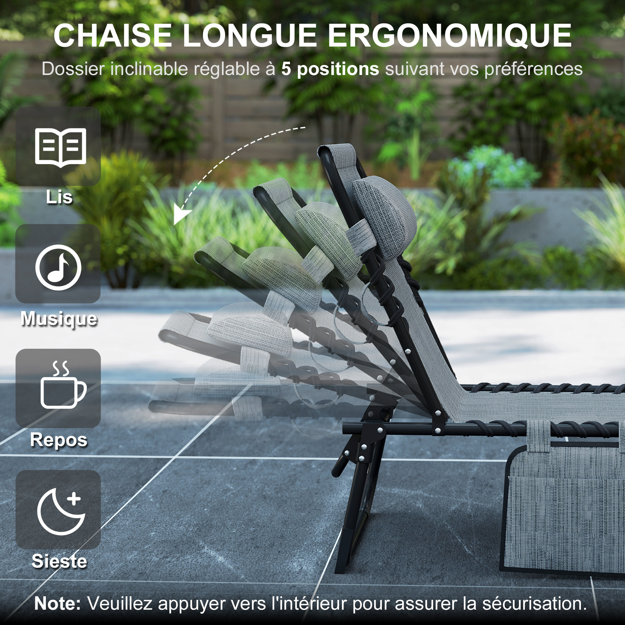 Bain de soleil transat pliable dossier inclinable acier époxy noir lacets élastiques textilène gris chiné