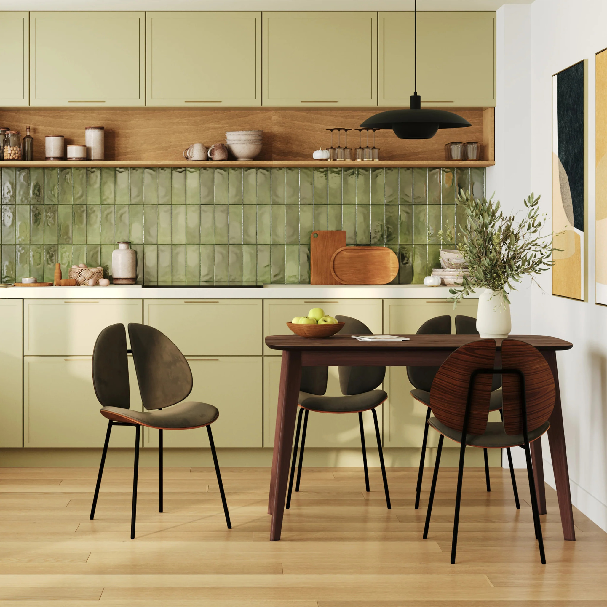 Chaise en velours kaki et bois de noyer - Coccinelle