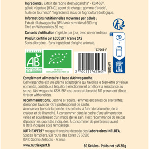 NUTRI EXPERT - ASHWAGANDHA BIO KSM-66 - Complément naturel adaptogène - Anti-Stress, Fatigue, Sommeil & Concentration - Titré en Withanolides - Sans Allergènes - 60 Gélules végétales BIO