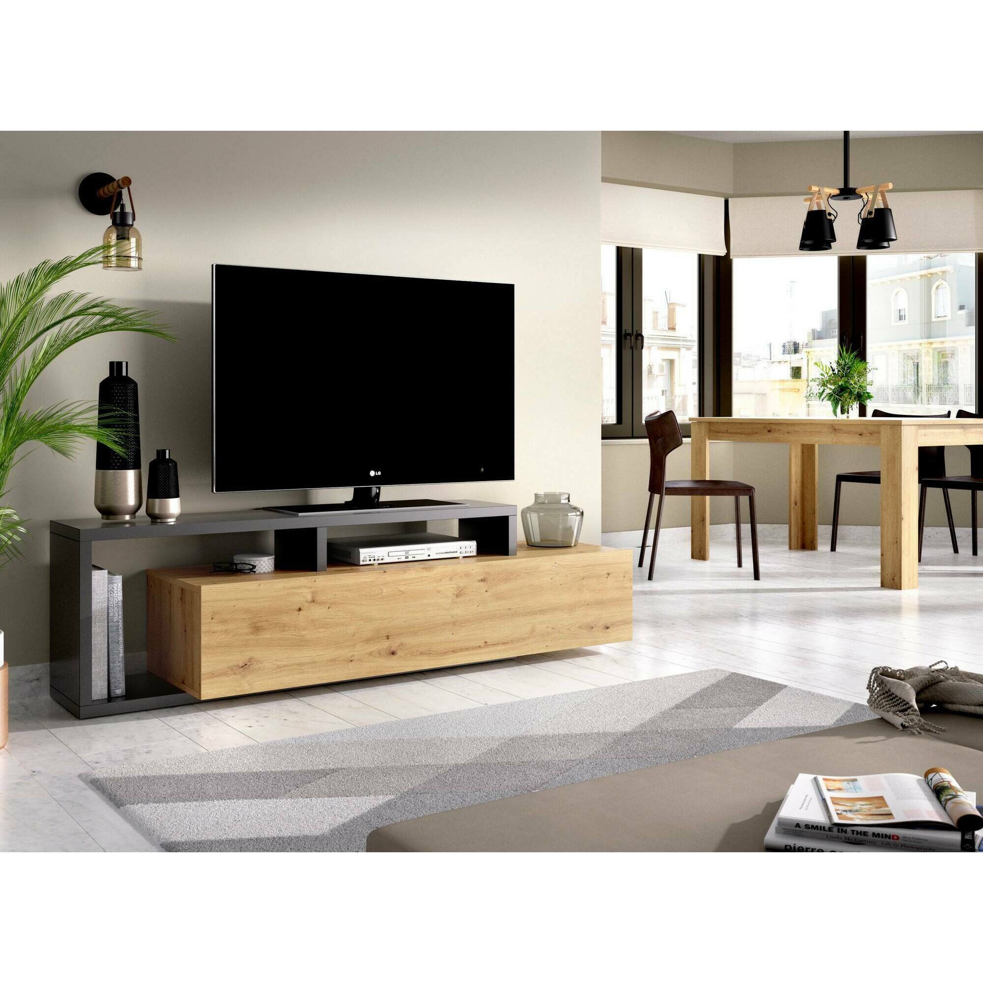 Mobile porta TV Maiella, Credenza bassa da soggiorno, Madia da salotto per televisione, 165x40h47 cm, Rovere Nodi e Antracite