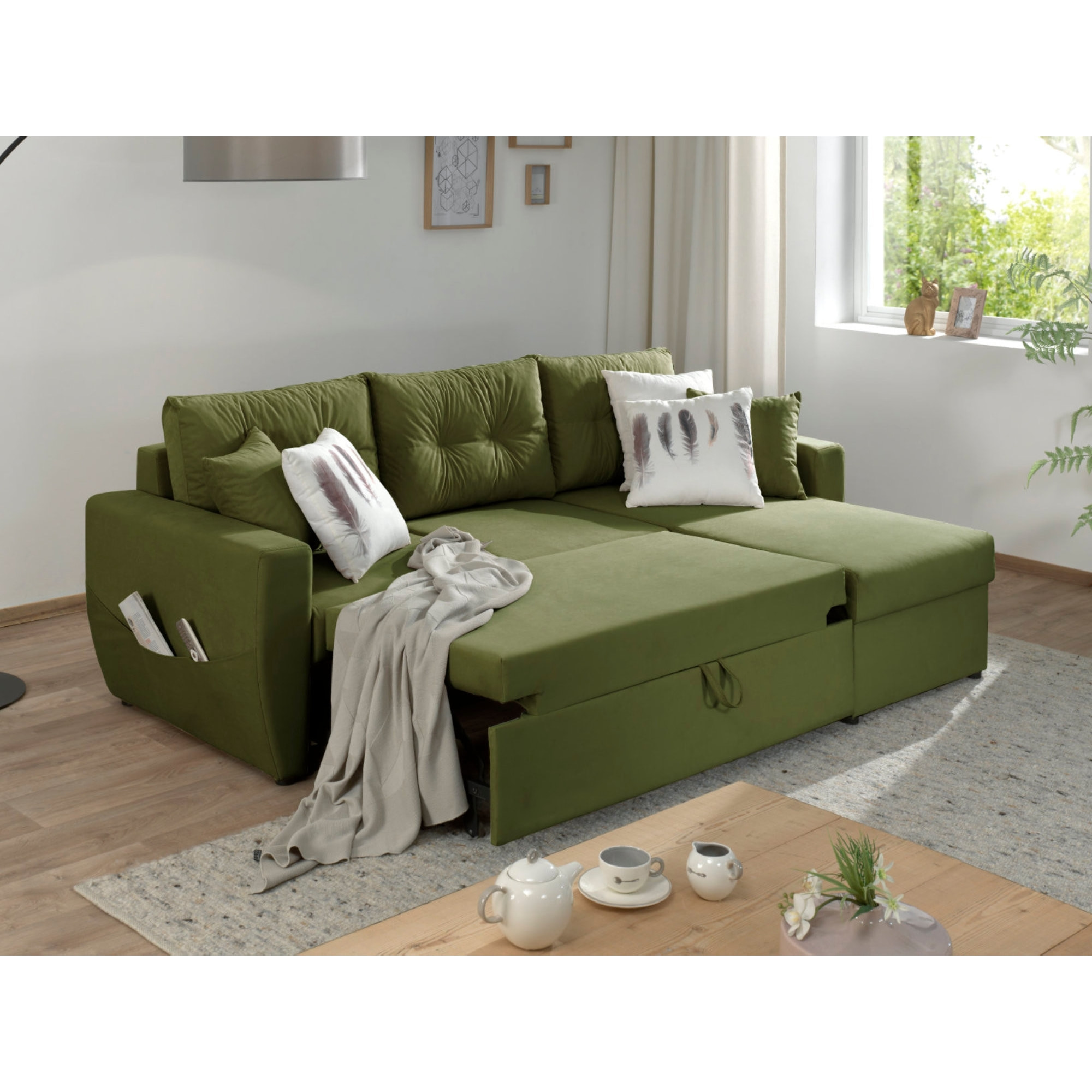 Astoria - canapé d'angle réversible - convertible avec coffre - style contemporain- 4 places - Vert Olive