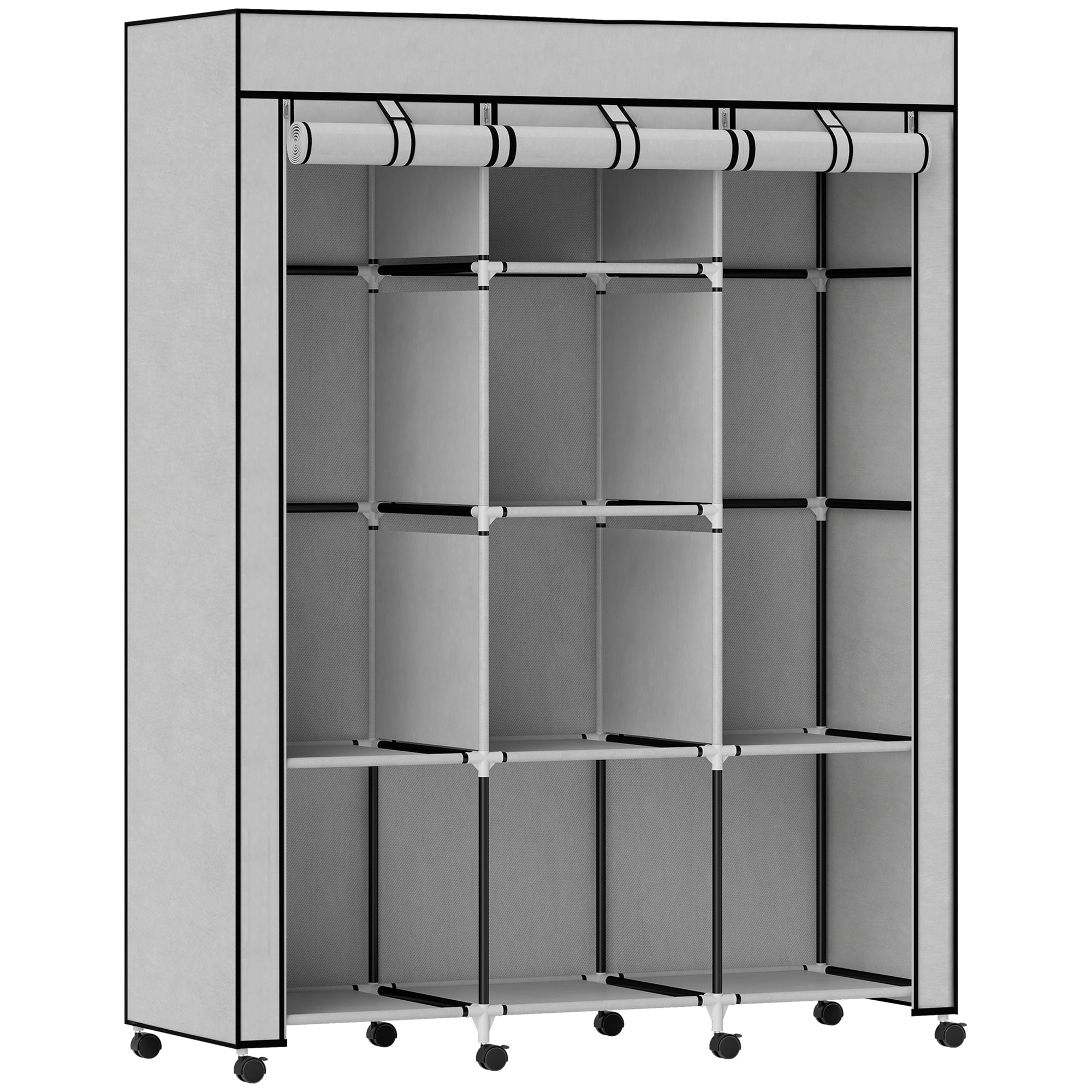 Armoire penderie multi-rangement - 8 étagères, 2 barres - acier noir non tissé gris