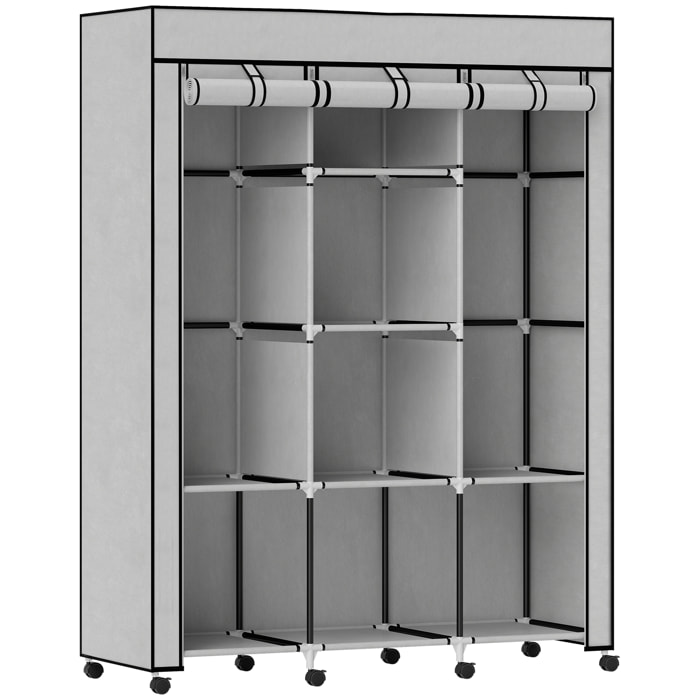 Armoire penderie multi-rangement - 8 étagères, 2 barres - acier noir non tissé gris
