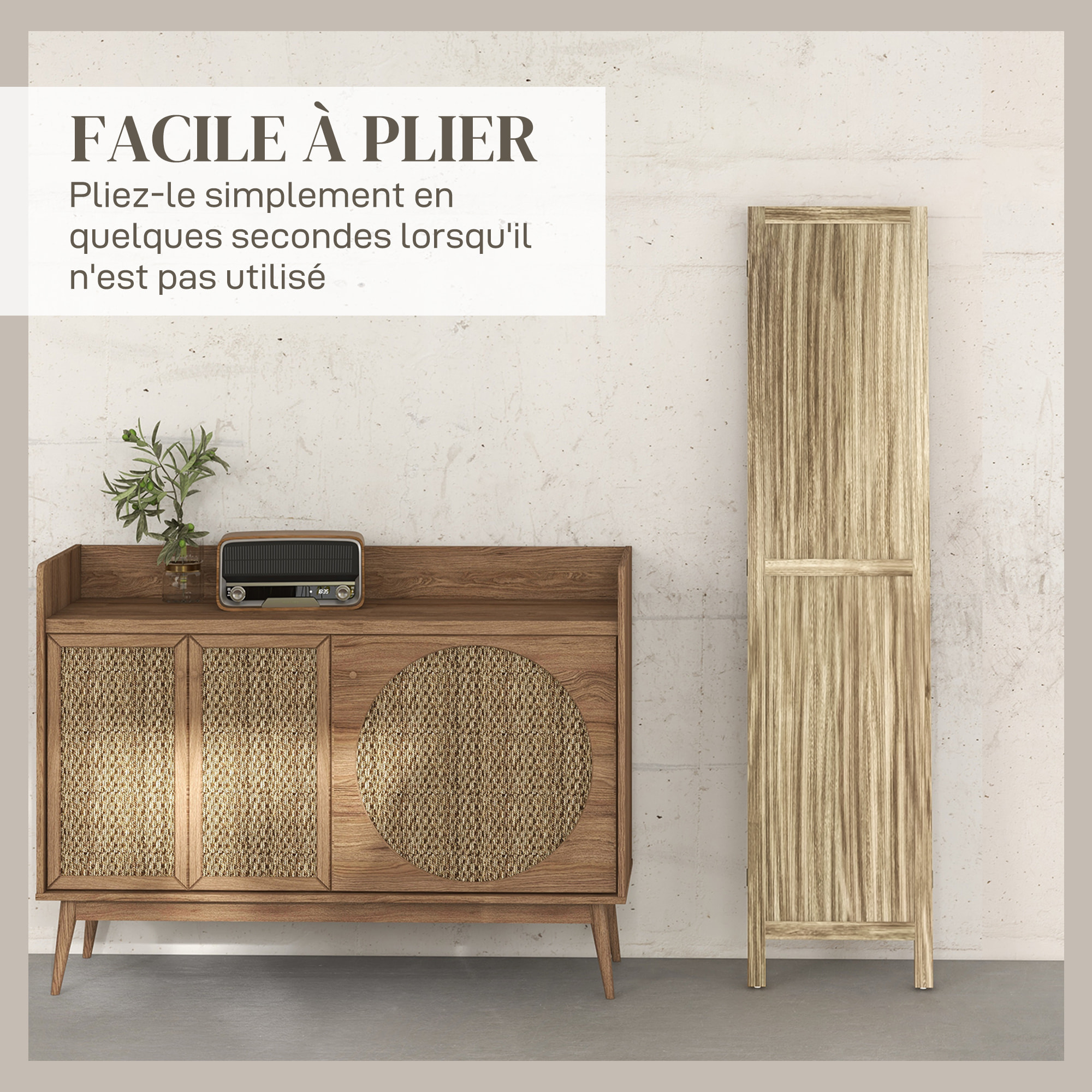 Paravent séparateur de pièce 3 panneaux pliables dim. 120L x 170H cm bois de pawlonia