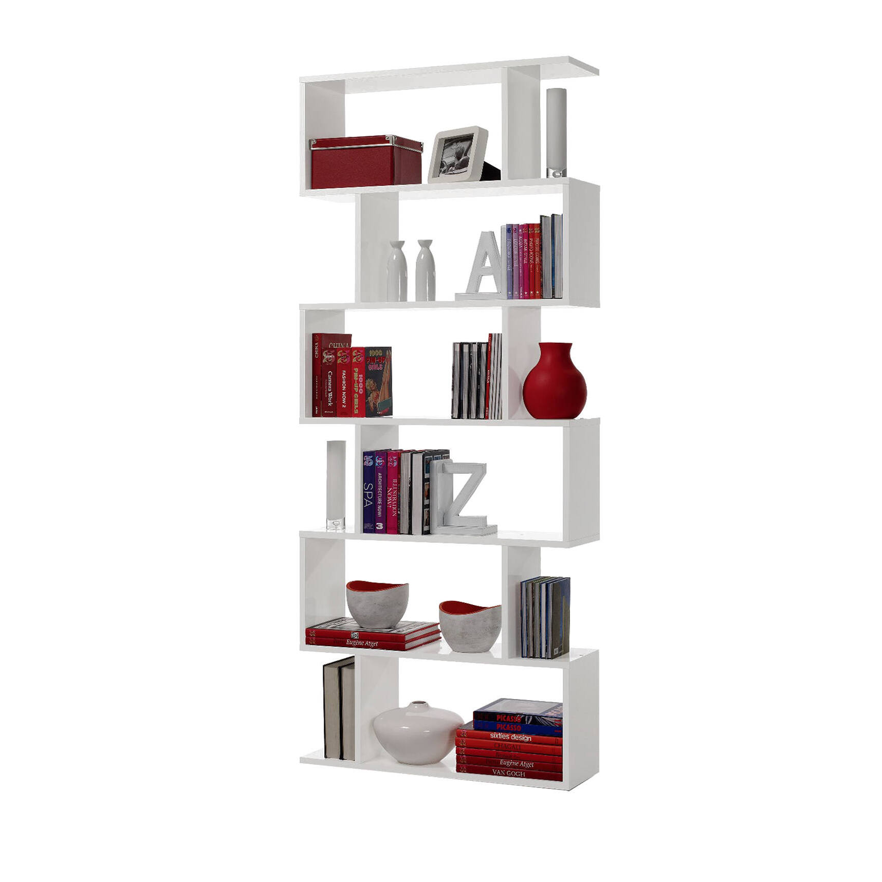 Libreria Joliet, Mobile portalibri alta bifacciale, Scaffale divisorio con 5 ripiani, Scaffale da ufficio moderno, cm 80x24h192, Bianco lucido