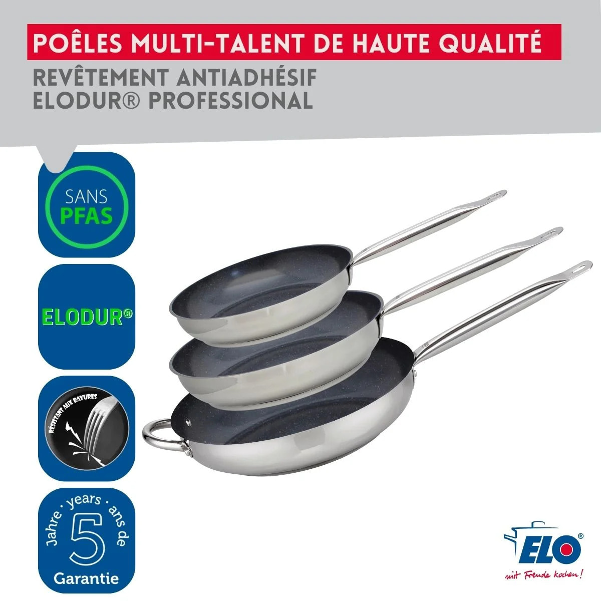 Set de 3 Poêles 24, 28 et 32 cm céramique sans PFAS et 3 couvercles Profi Therm Platinum Elo