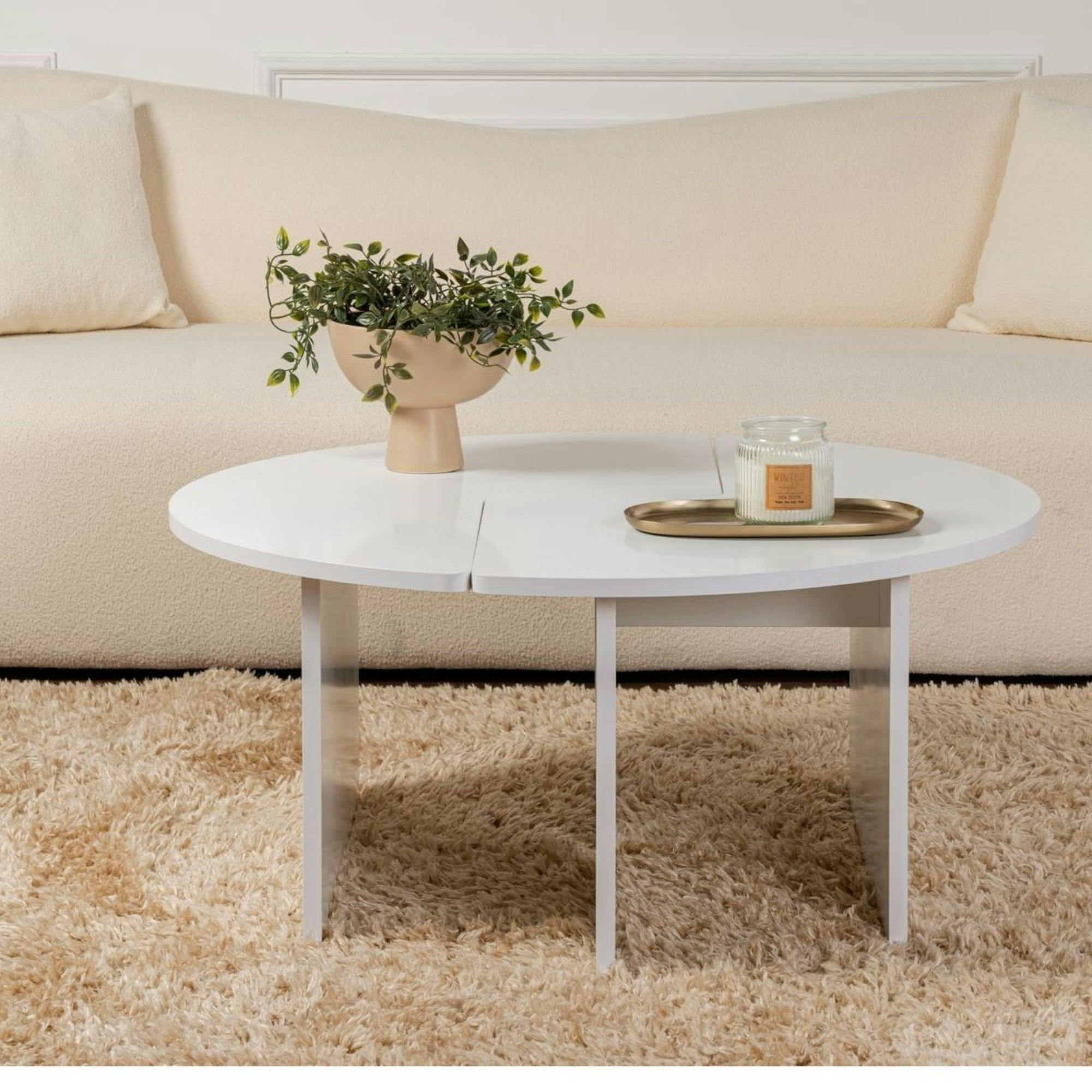 Table basse ronde blanche effet laque - design puzzle MARFA