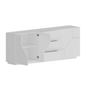 Credenza moderna a 4 ante geometriche e 3 cassetti, Made in Italy, Madia da cucina, Buffet di design da soggiorno, Cm 220x43h86, Bianco lucido