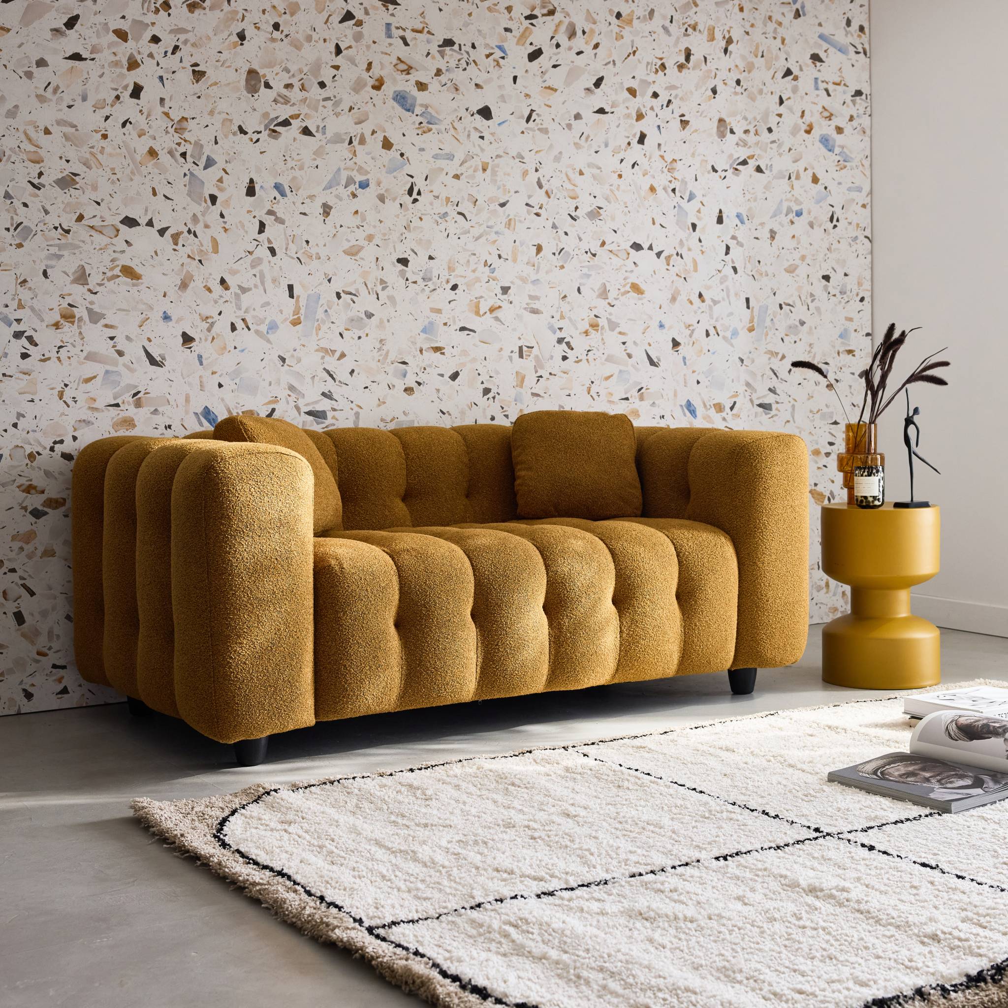 Canapé 2 places bouclette texturée capitonnée LEON