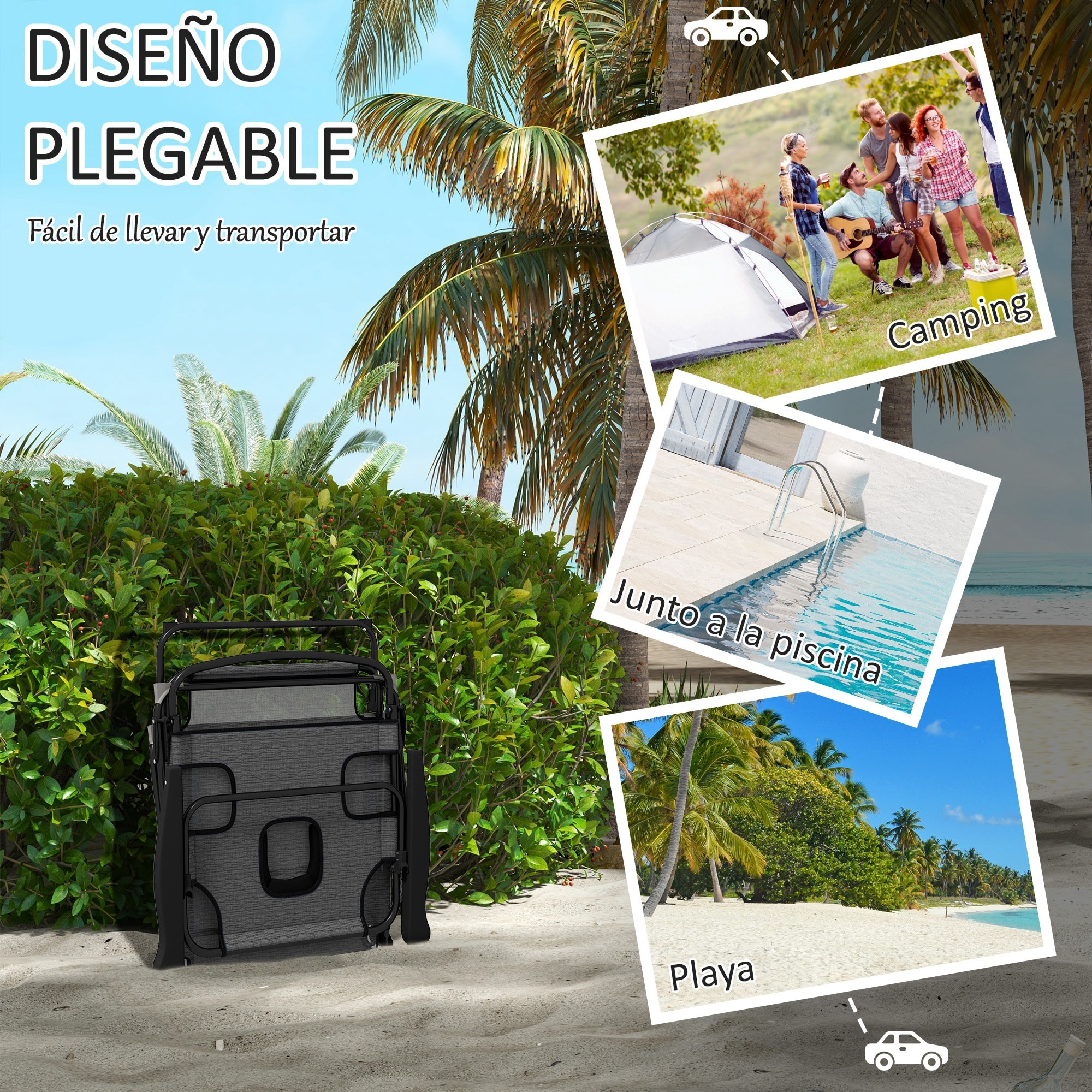 Conjunto de 2 Tumbonas Plegables Tumbonas de Jardín con Respaldo Ajustable en 4 Niveles Orificio de Lectura y Reposacabezas para Terraza Piscina 194x72x31 cm Gris