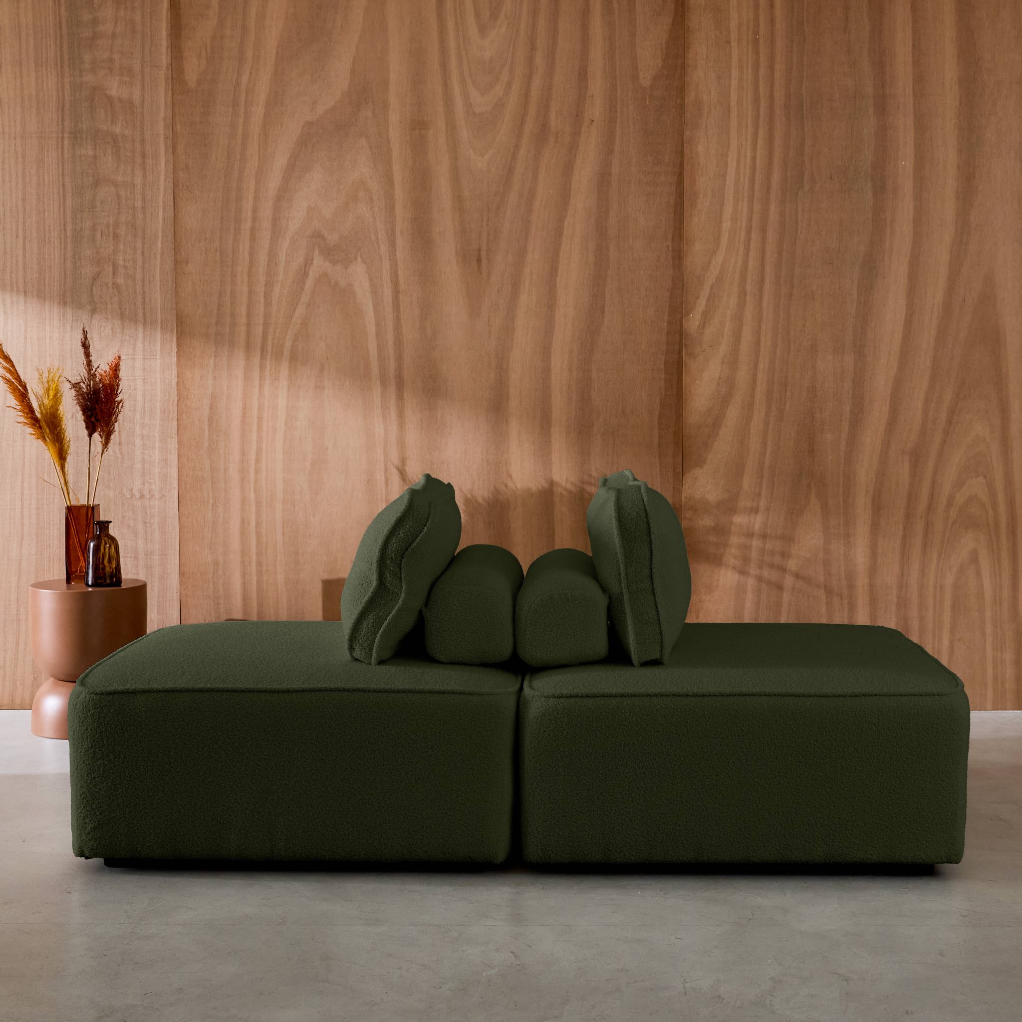 Lot de 2 chauffeuses pour canapé modulable tissu bouclette kaki 1 place Bao. L 90 x P 90 x H 74cm