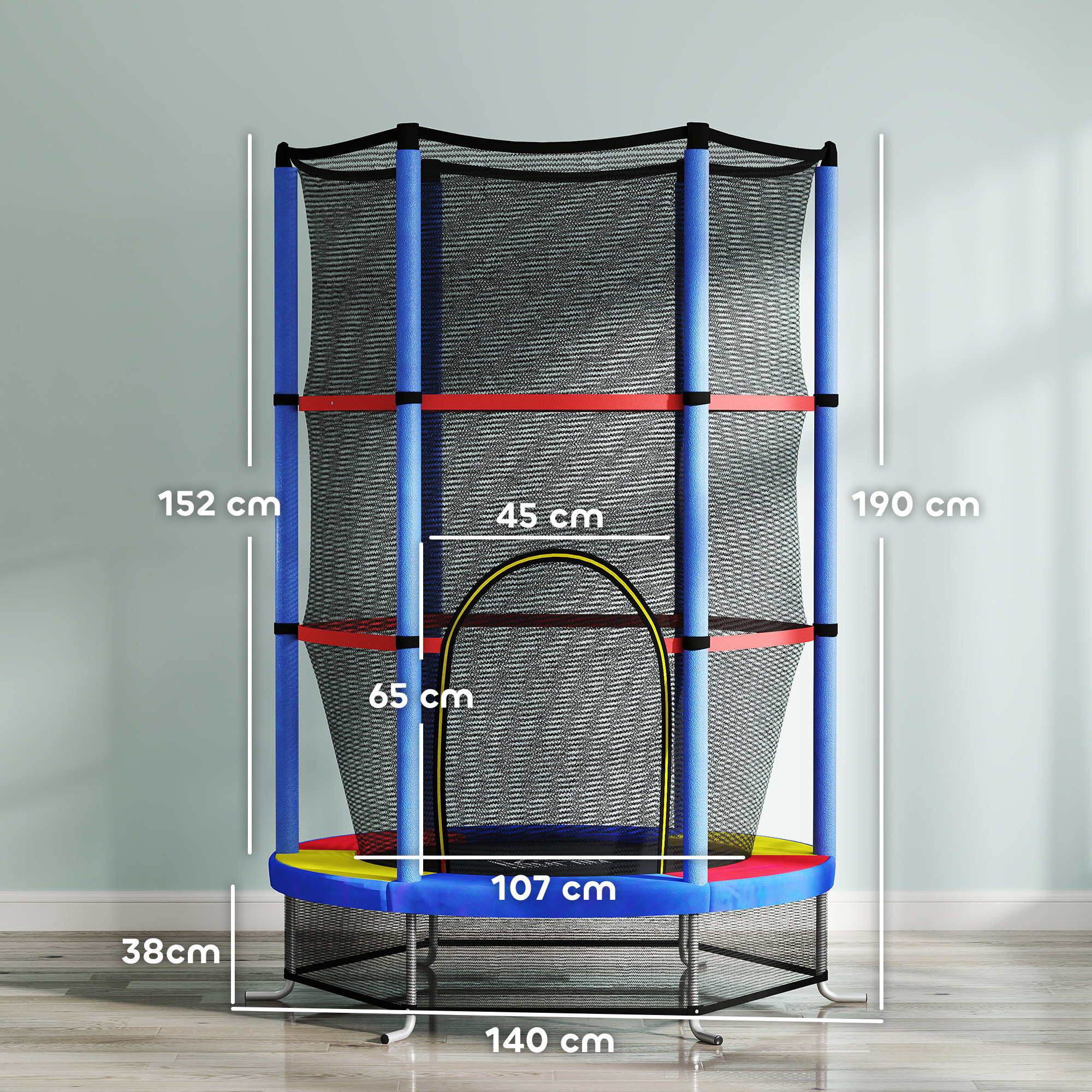 Cama Elástica Infantil Ø140x190 cm Trampolín para Niños de 3-6 Años con Red de Seguridad Carga 45 kg para Interior Multicolor