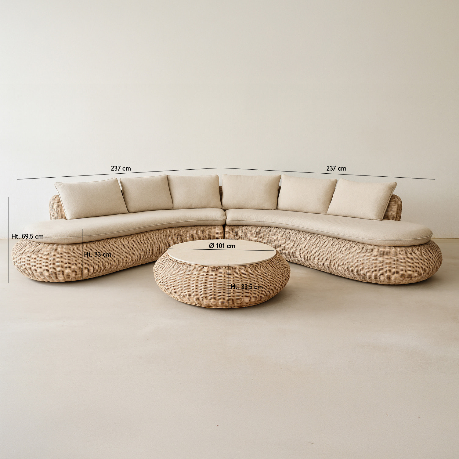 Salon de jardin 7 places en résine tressée effet rotin beige  MAJORELLE