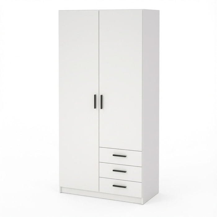 Armadio Con 2 Ante E 3 Cassetti Armadietto Multiuso Con Barra Appendiabiti E 4 Ripiani Di Cui 2 Regolabili Design Moderno 98.5x49.8x200.4 Cm Bianco