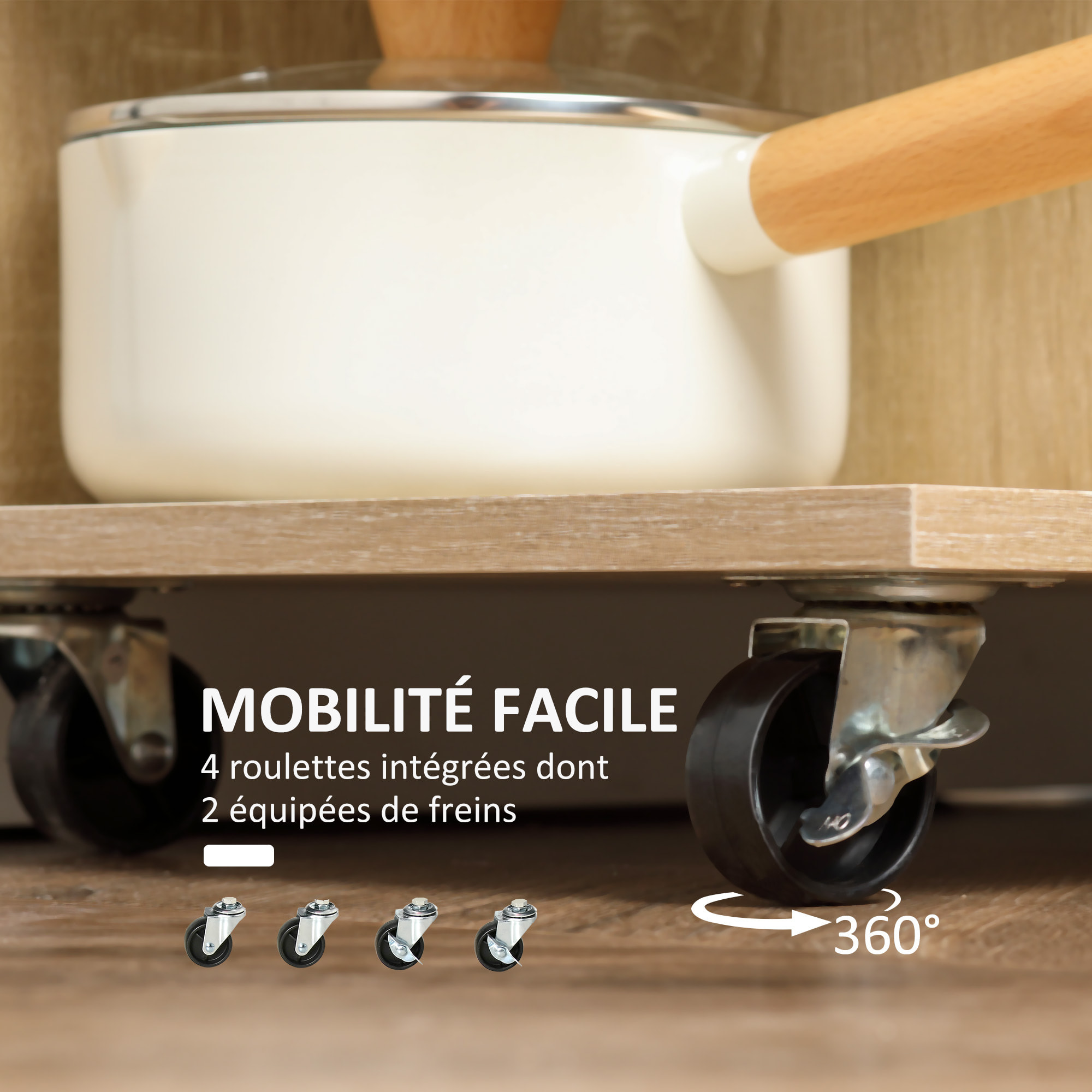 Desserte de cuisine style contemporain - 3 étagères, niche, porte verre, tiroir - effet bois naturel blanc