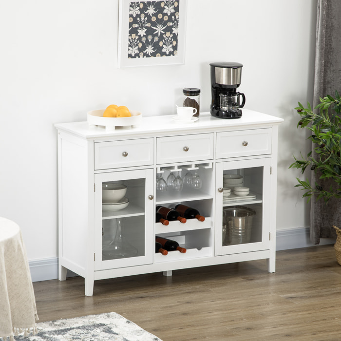 Aparador de Cocina Mueble Buffet Auxiliar con 2 Puertas de Vidrio 3 Cajones Botellero para 6 Botellas y Estante para 15 Copas para Comedor Salón Estilo Moderno Antivuelco 120x40x87 cm Blanco