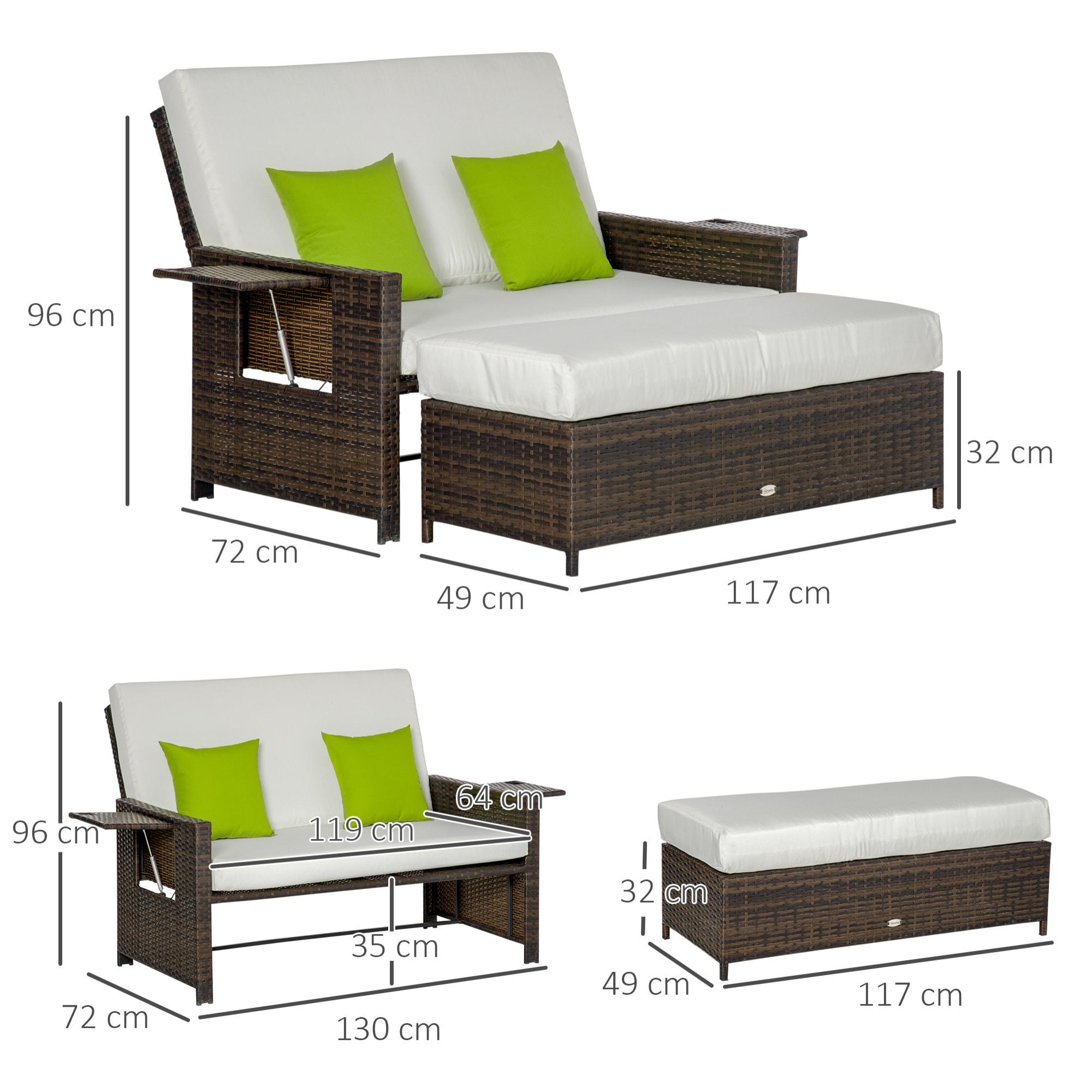 Sofá de Ratán de 2 Plazas con Mesitas y Reposapiés de Almacenaje Tumbona de Jardín con Respaldo Inclinable y Cojines Gruesos Desenfundables 130x72x96 cm Marrón y Beige