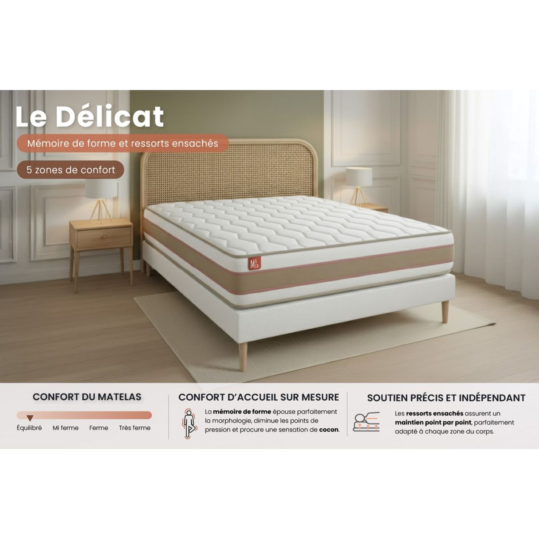 Ensemble Matelas Le Délicat - 26cm - Ressorts ensachés et mémoire de forme - Technologie hybride, fabrication responsable. - Sommier Tapissier Blanc