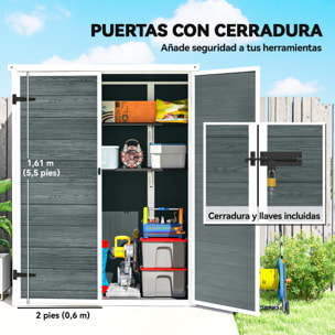 Caseta de Jardín Exterior, 0,81 m², 134x68,5x170 cm, Cobertizo de Jardín Exterior de Plástico con Suelo, 2 Estantes Plegables, Puertas Dobles con Pestillo para Almacenaje Herramientas, Gris