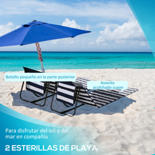 Conjunto de 2 Esterillas de Playa Plegable Esteras Acolchadas con Respaldo Reclinable y Bolsa de Transporte para Jardín 142x51x40 cm Blanco y Azul