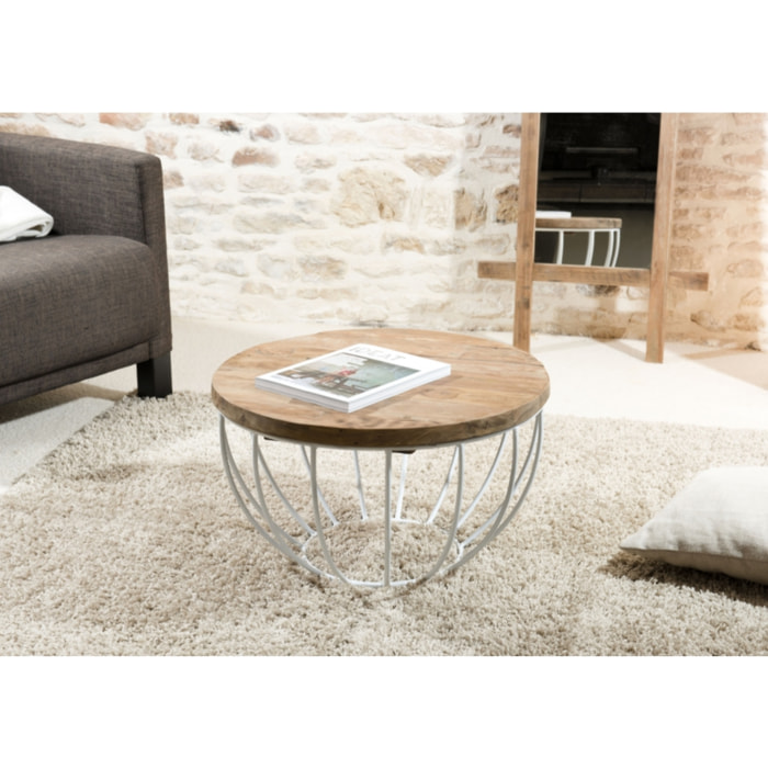 ALIDA - Table basse coque ronde 60x60cm plateau teck recyclé piétement métal blanc