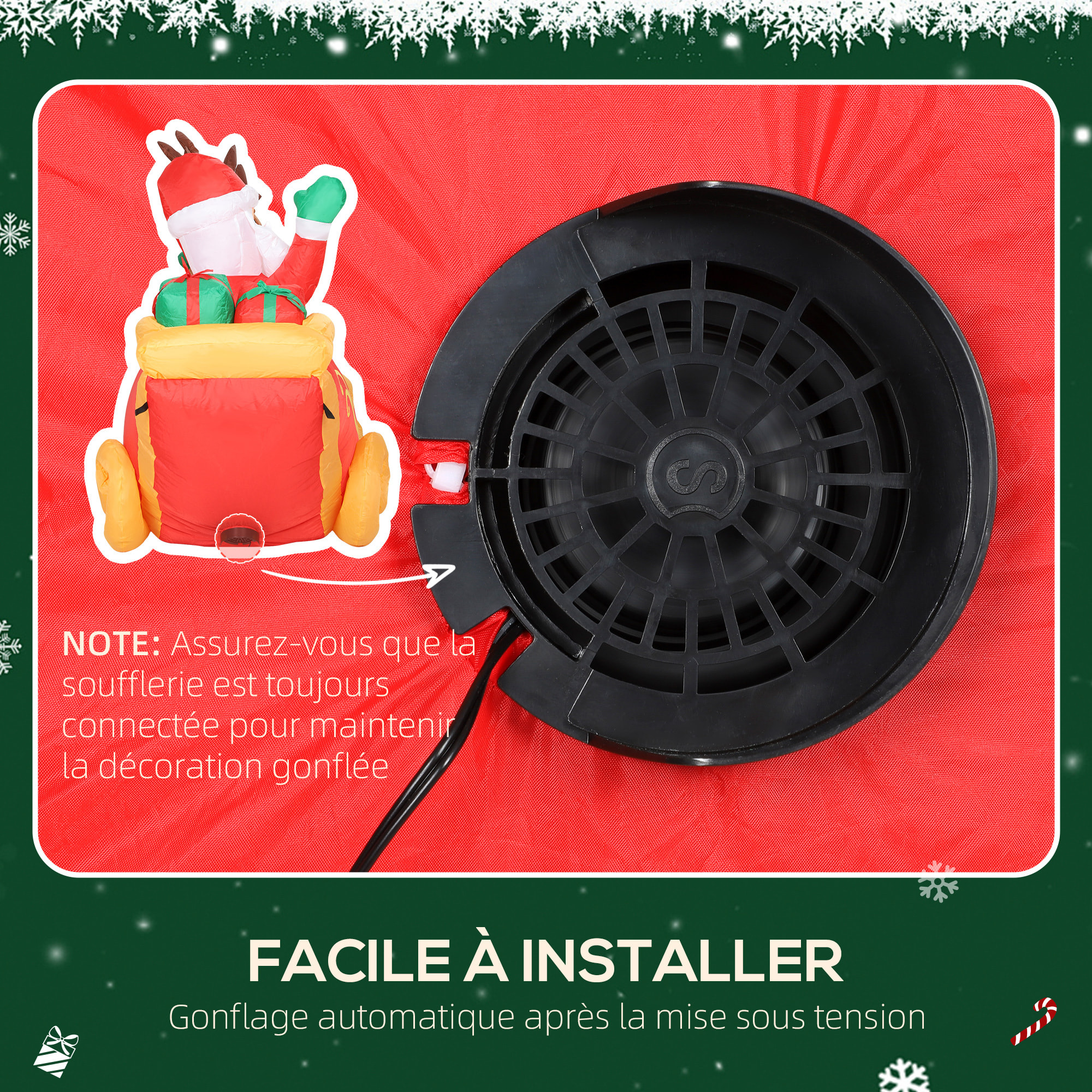 Traîneau Père Noël gonflable LED avec 2 rennes - matériel fixation et souffleur inclus - polyester