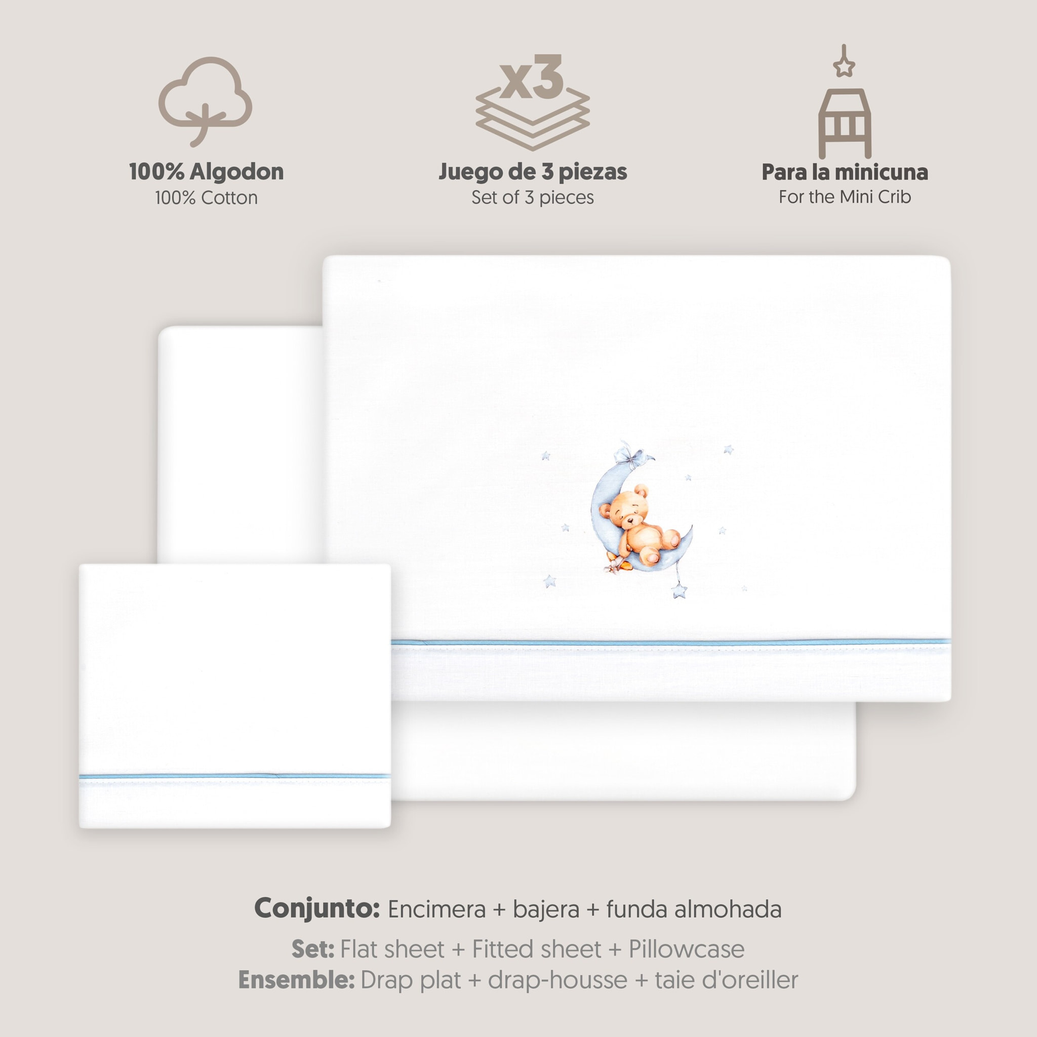 Triptico Minicuna Estampado Oso Luna Estrellas Bco/Azul