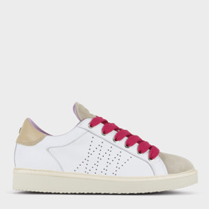 SCARPA ALLACCIATA P01 DONNA IN PELLE E SUEDE BIANCO-NEBBIA-FUCSIA