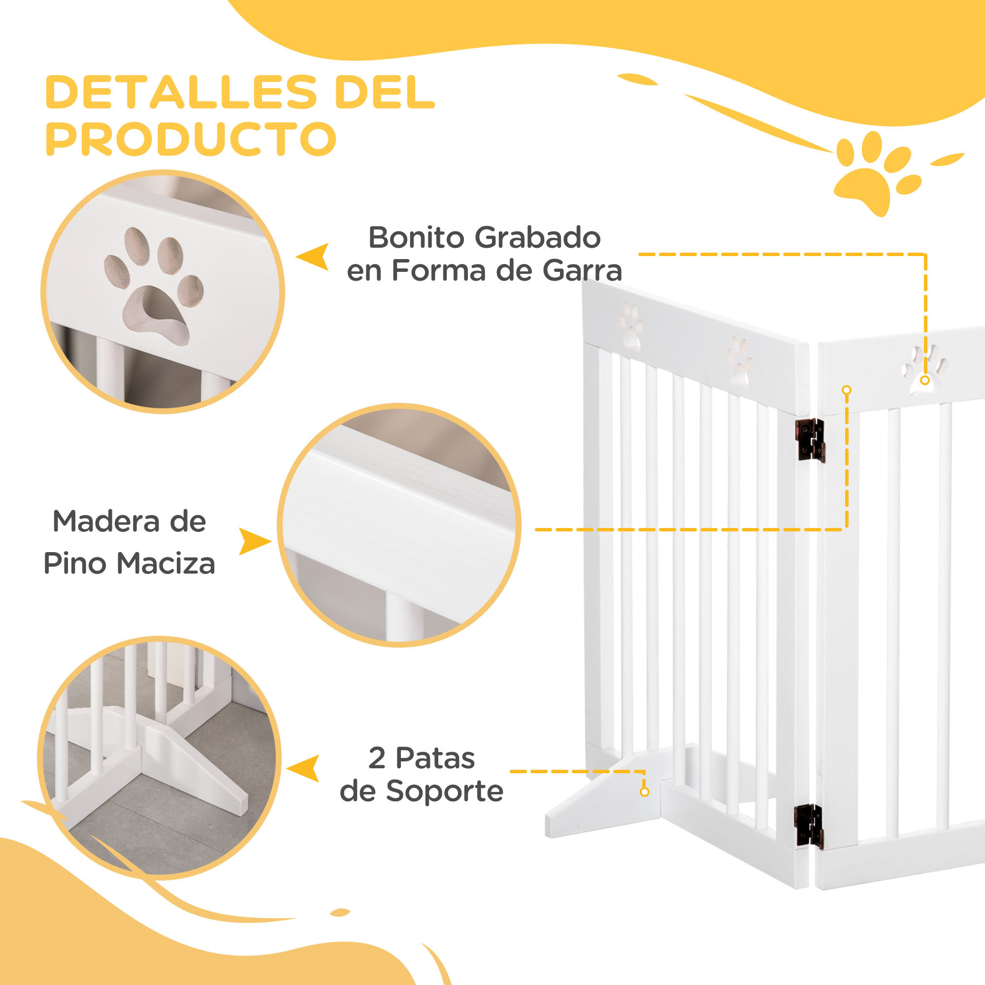 Barrera de Seguridad Plegable para Perros 4 Paneles con Patas 204x30x61cm Blanco