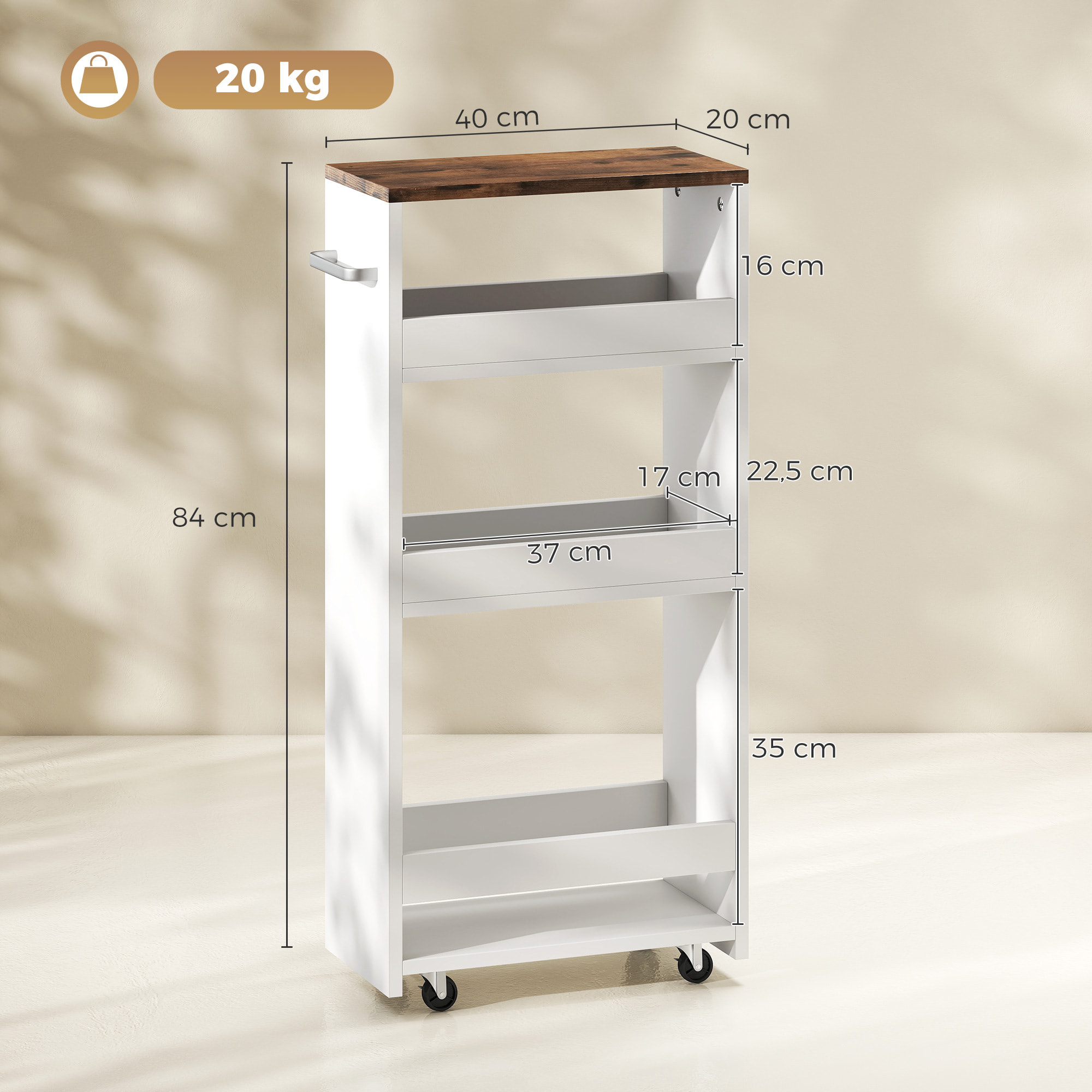 Carrito de Cocina Estrecho de 3 Niveles con Ruedas y Asa Lateral, Carro de Cocina Rodante para Espacios Reducidos, Comedor o Salón, 40x20x84 cm, Blanco