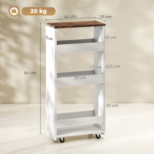Carrito de Cocina Estrecho de 3 Niveles con Ruedas y Asa Lateral, Carro de Cocina Rodante para Espacios Reducidos, Comedor o Salón, 40x20x84 cm, Blanco