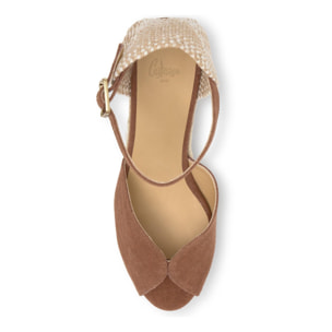 Alpargata de cuña 6 cm peep toe en lona de algodón con talonera trenzada