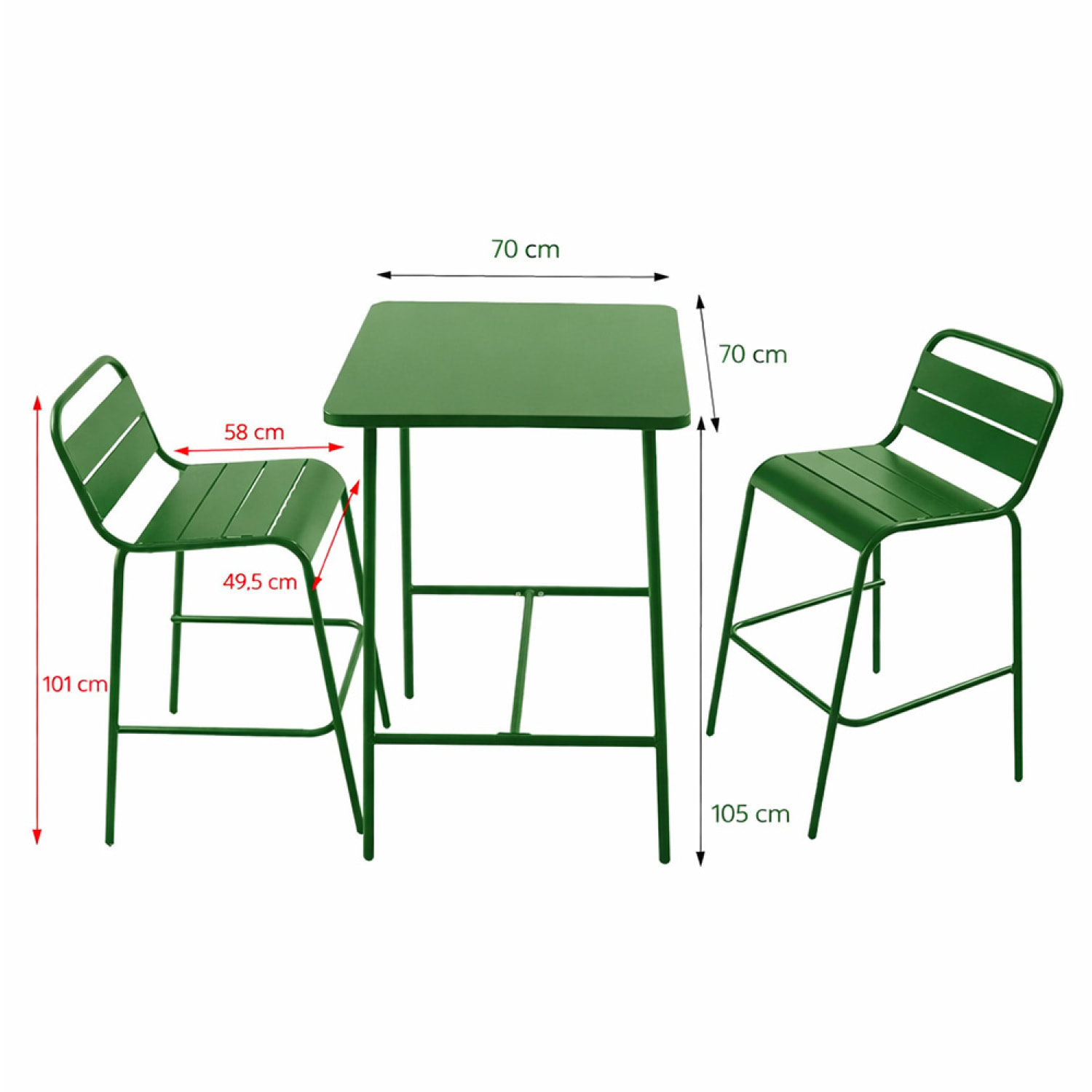 Ensemble table de bar et 2 chaises hautes d'extérieur vert EVORA