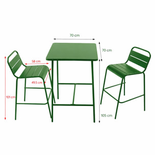 Ensemble table de bar et 2 chaises hautes d'extérieur vert EVORA