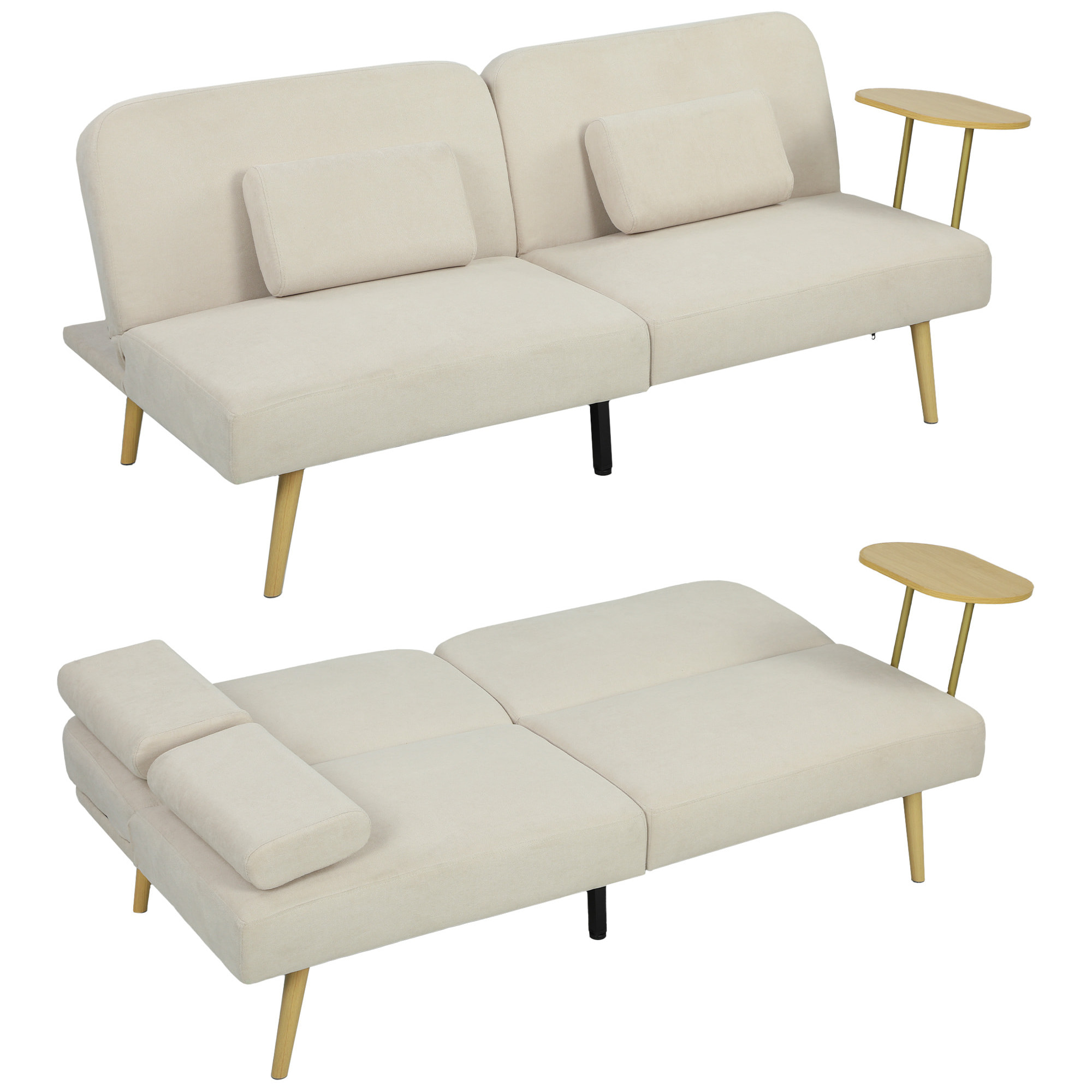 Sofá Cama de 3 Plazas con Mesa Auxiliar, 3 en 1, Sofá Cama Convertible con Respaldo Ajustable, Apertura Clik-Clak, 2 Almohadas para Reposabrazos y Patas de Metal, 196x86x81 cm, Beige