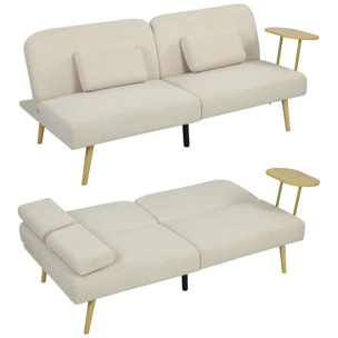 Sofá Cama de 3 Plazas con Mesa Auxiliar, 3 en 1, Sofá Cama Convertible con Respaldo Ajustable, Apertura Clik-Clak, 2 Almohadas para Reposabrazos y Patas de Metal, 196x86x81 cm, Beige