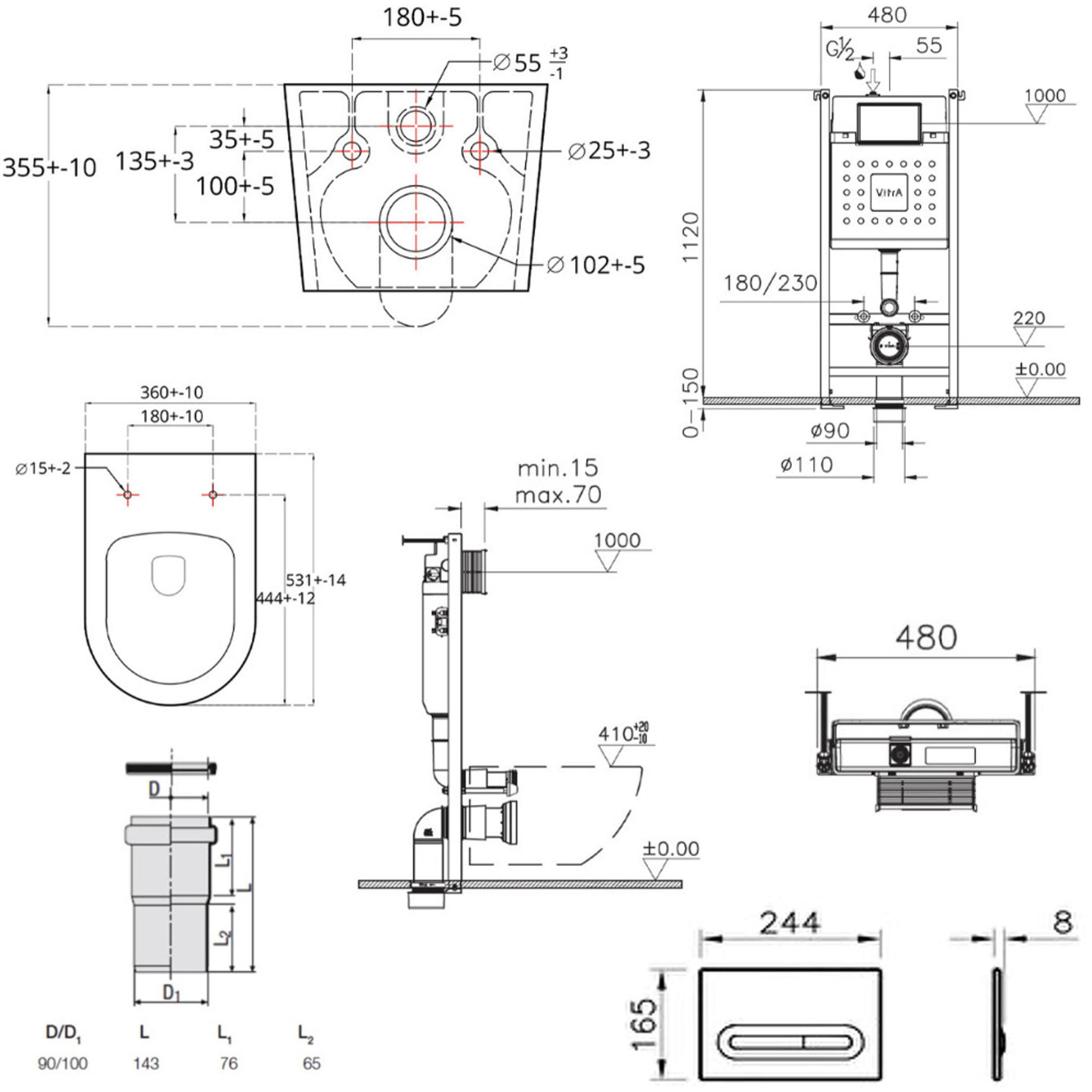 Pack WC Bâti-support V-Fix Core + WC sans bride SAT Brevis + Plaque Chrome brillant (V-FixBrevis-8)