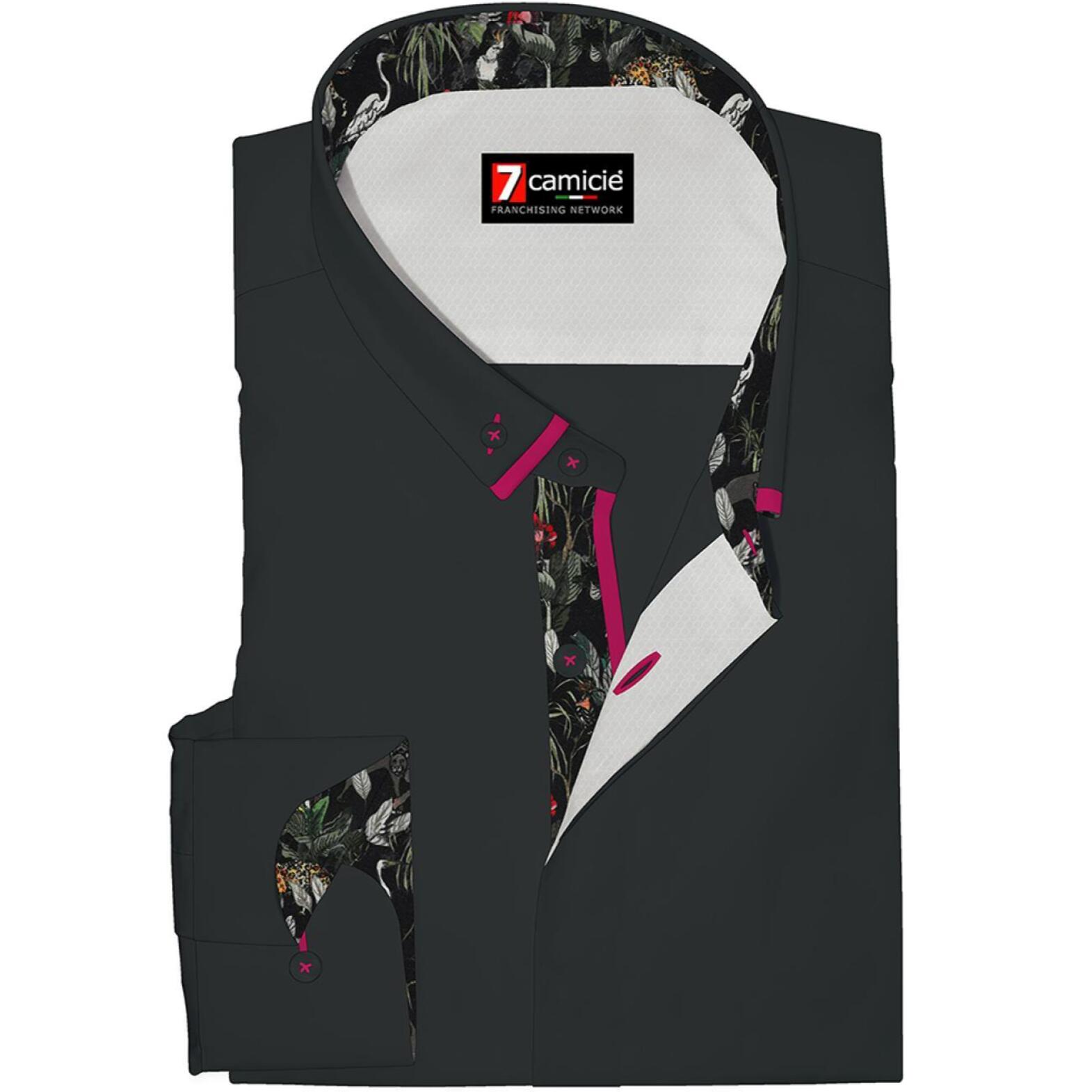 Camicia 1 Bottone Button Down Slim Uomo Popeline Stretch Unito Nero