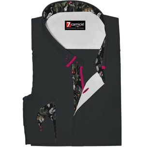 Camicia 1 Bottone Button Down Slim Uomo Popeline Stretch Unito Nero