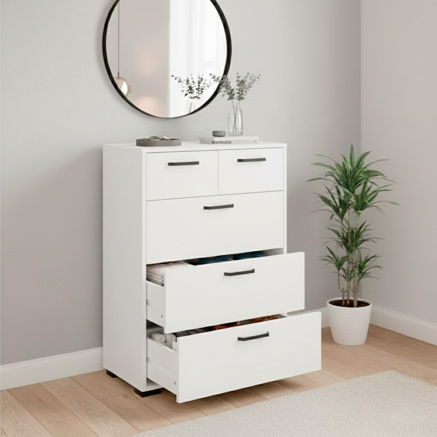 Cassettiera Alta 5 Cassetti Comò Mobile Contenitore Moderno Cassetti Scorrevoli A Sfera Camera Da Letto Ingresso Soggiorno 70.2×39.8×82.7 Cm Bianco