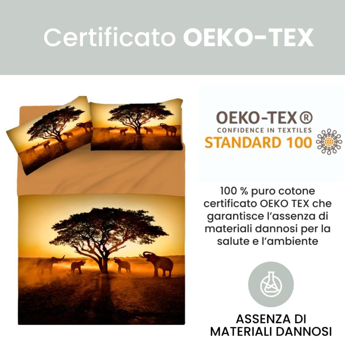 INTRECCI Set Lenzuola Una Piazza e Mezza in Cotone, Stampa Alta Qualità, Lenzuolo Sotto + Lenzuolo Sopra + 1 Federa, Comfort, per Pelli Sensibili, non Stringe in Lavatrice. Fantasia: Savana