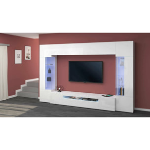 Parete attrezzata Clementino, Set salotto porta TV a 6 ante, Mobile soggiorno multiuso con luce LED, 100% Made in Italy, cm 290x40h191, Bianco lucido