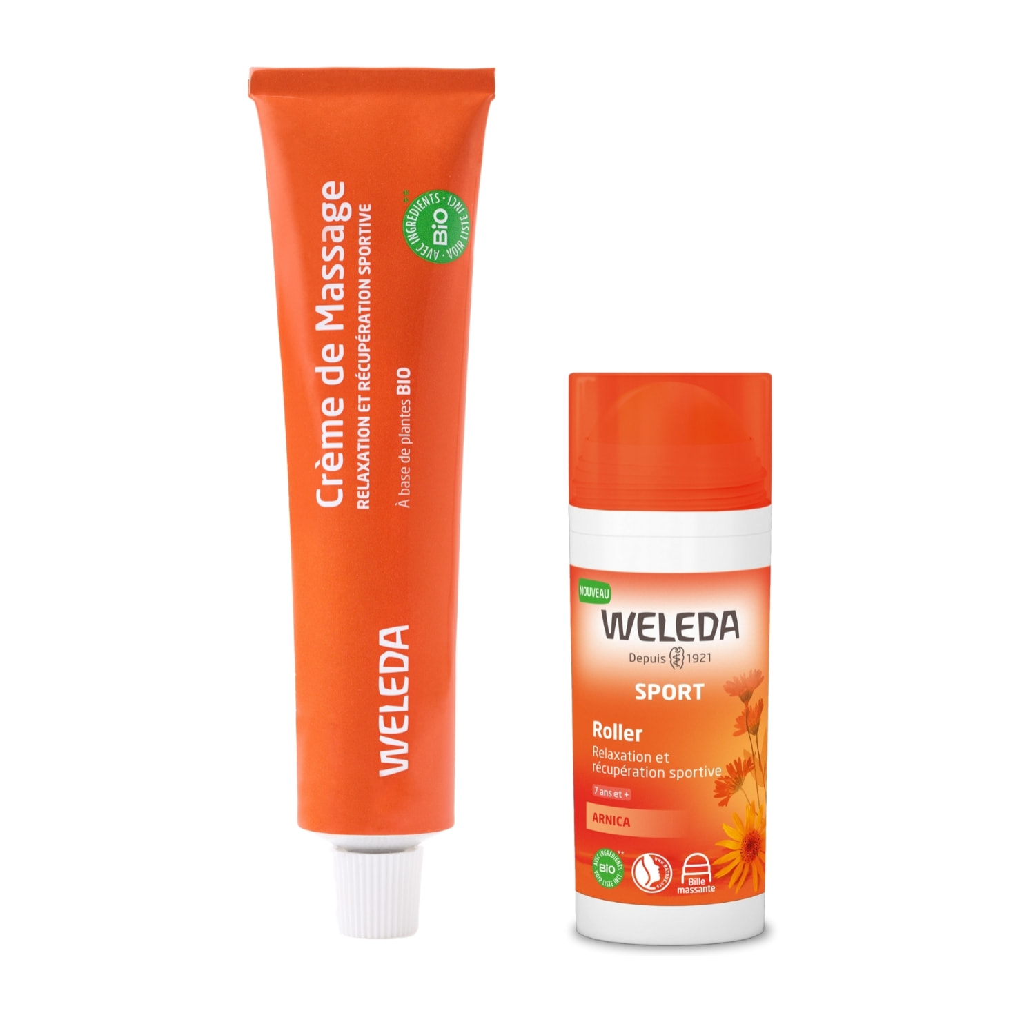 WELEDA - Duo Crème de Massage Sport Arnica + Roller Arnica - Relaxation et récupération sportive - Après l'effort - Vegan* - Certifié Natrue** - Tube de 70g + Roll-on 75ml