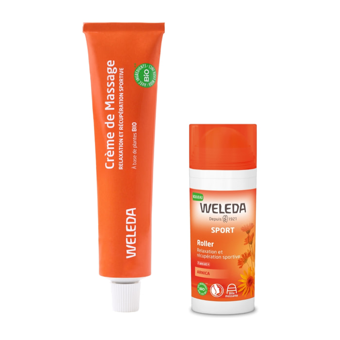 WELEDA - Duo Crème de Massage Sport Arnica + Roller Arnica - Relaxation et récupération sportive - Après l'effort - Vegan* - Certifié Natrue** - Tube de 70g + Roll-on 75ml