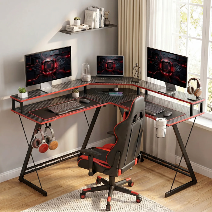 Escritorio Esquinero con Enchufes, Mesa Escritorio en Forma de L, 128x128 cm, con Soporte para Monitor, Gancho para Auriculares y Portavasos, Mesa de Ordenador para Oficina, Casa, Negro