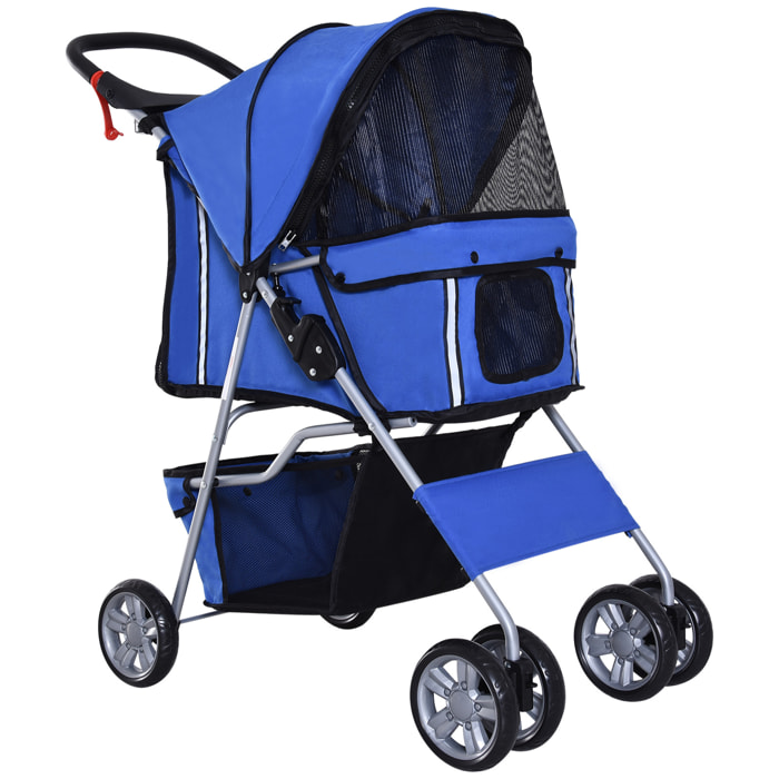 Poussette buggy pliable animaux chariot pliant chien chat porte-gobelet panier de rangement inclus roues avec frein tissu 600D Oxford métal bleu