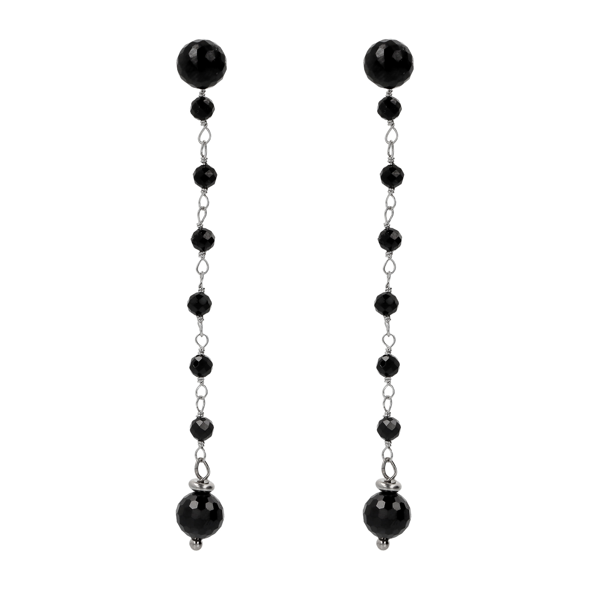 Orecchini Rosario Pendenti a Filo con Pietra Naturale Spinello Nero in Argento 925 placcato Oro bianco 18Kt